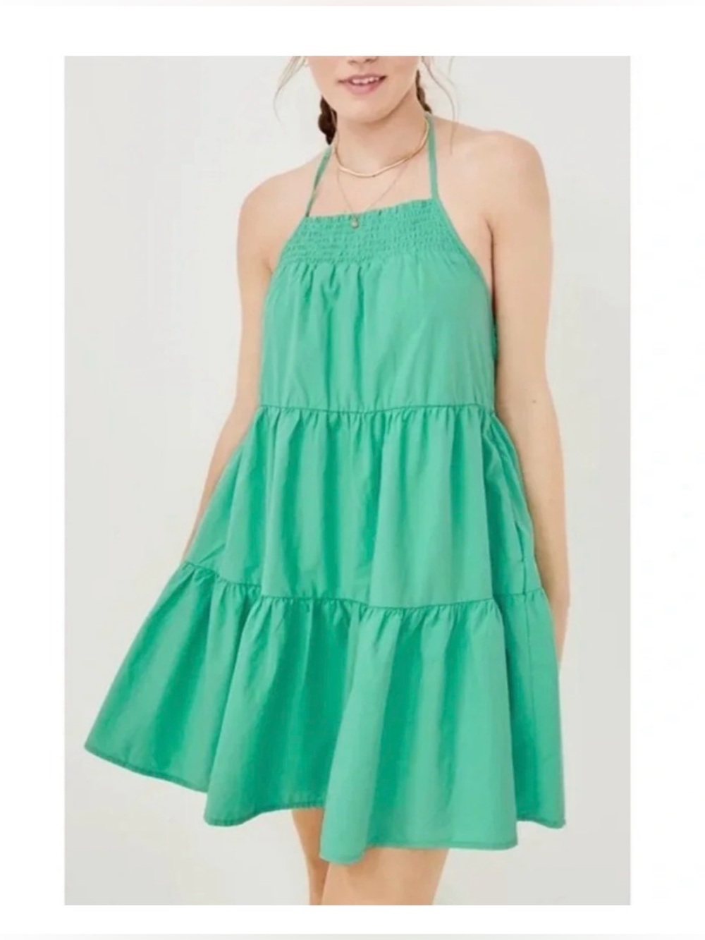 American Eagle Outfitters Teal Halter Tiered Mini Dress